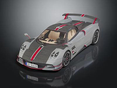 Pagani Huayra Supercar Gray With Red Stripes Carbon Fiber Sleek Design Rear Wing Sporty Wheels 3d model