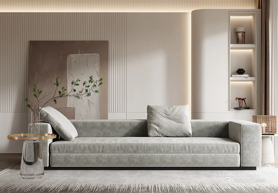 Modern Light Gray Multi Seater Sofa Living Room With Plush Pillows And Green Plants 3d model 