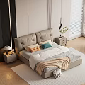 Modern Bedroom Interior With Leather Headboard Double Bed Pillows Throw Blanket And Blinds