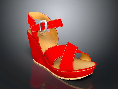 Red Wedge Heel Sandals With Cross Straps Buckle Closure And Yellow Sole 3d model