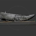 Weathered Wooden Boat Model Displayed On Sand Base With Small Green Plants