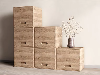 Stacked Wooden Storage Cabinet Shelves With Multiple Drawers And Decorative Vase On Top 3d model