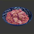 Appetizing Noodles With Chicken Pieces In Blue And White Patterned Bowl