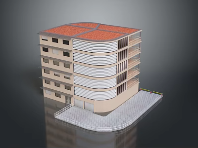 Multi Story Building With Red Roof Beige Walls And White Tiled Entrance Area 3d model