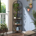 Tiered Plant Stand With Various Green Plants Hanging Planters And Watering Can In Indoor Garden