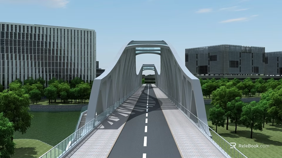 Modern Arch Bridge With Roadway And Railings Near Modern Buildings Trees And River 3d model 