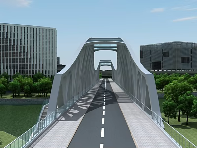 Modern Arch Bridge With Roadway And Railings Near Modern Buildings Trees And River 3d model