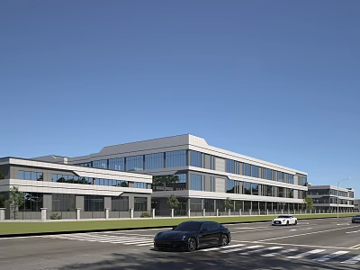 Modern Industrial Factory Building Featuring Multi Story Structure Large Glass Windows And Roadside Vehicles 3d model