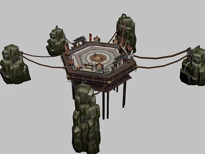 Adventurous Octagonal Platform Scene With Ropes Connecting Rocks And Surrounding Rock Formations 3d model