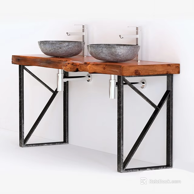 Rustic Bathroom Vanity With Double Stone Washbasins Wooden Countertop And Black Metal Frame 3d model 