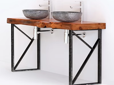 Rustic Bathroom Vanity With Double Stone Washbasins Wooden Countertop And Black Metal Frame 3d model