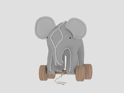 Gray Elephant Doll with Large Ears White Stitching and Wooden Wheels Pull Along Toy 3d model