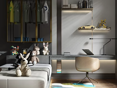 Cozy Kids Bed With Stuffed Bunnies Toy Car Study Desk And Chair 3d model