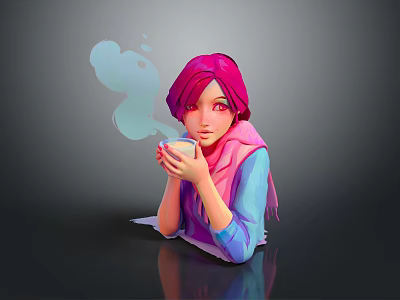 Pink Haired Girl With Steam Creature Holding Warm Cup Against Dark Background 3d model