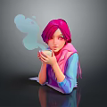 Pink Haired Girl With Steam Creature Holding Warm Cup Against Dark Background