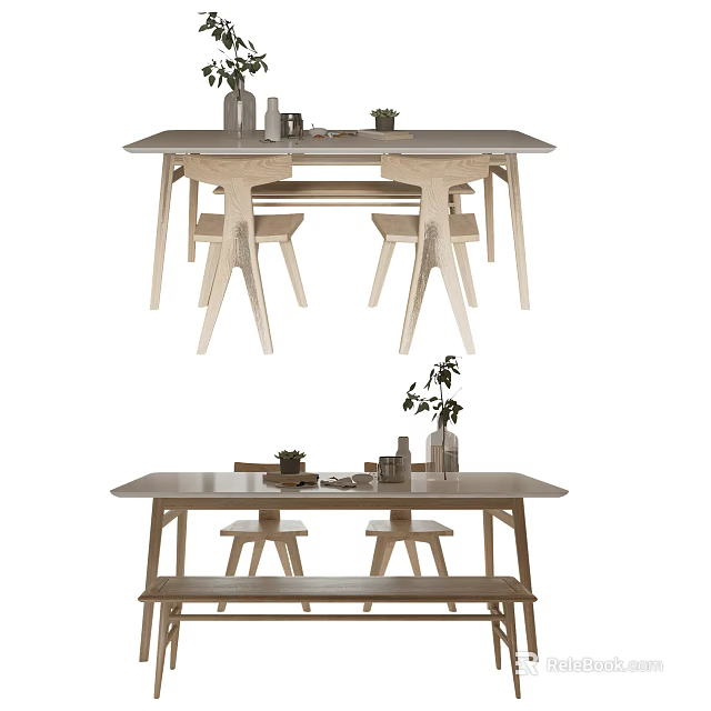 Wooden Dining Table Set With Matching Chairs Stools And Decorative Plants 3d model 