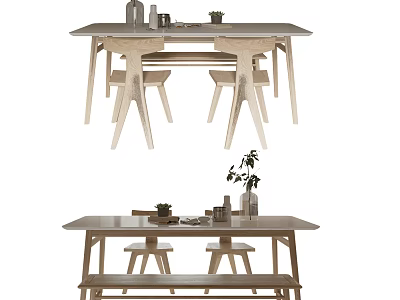 Wooden Dining Table Set With Matching Chairs Stools And Decorative Plants 3d model