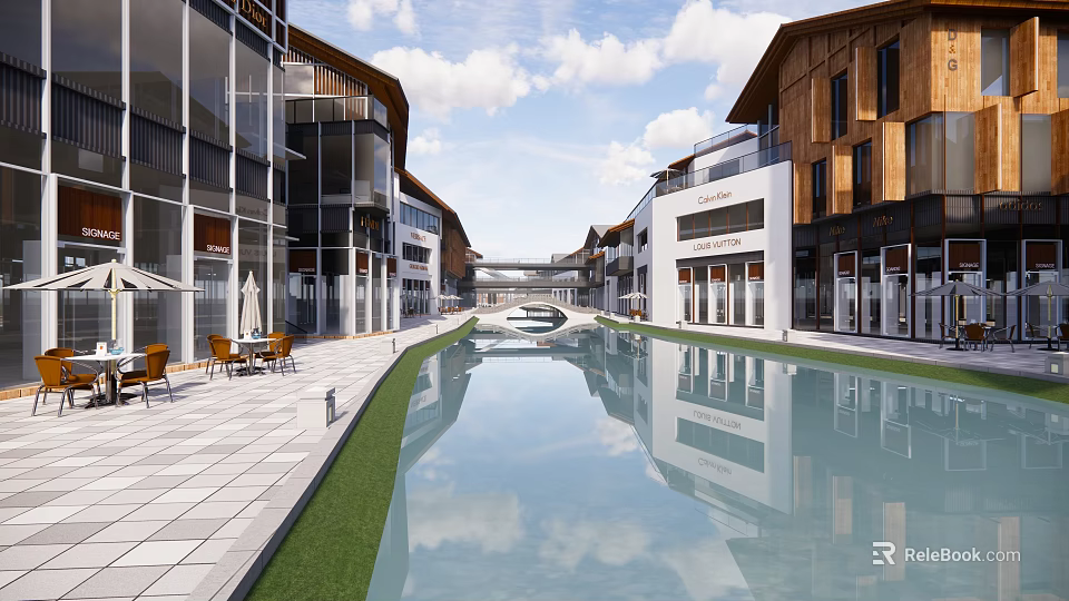 Modern Commercial Street With Water Canal Buildings Shops Outdoor Seating And Greenery Reflections 3d model 