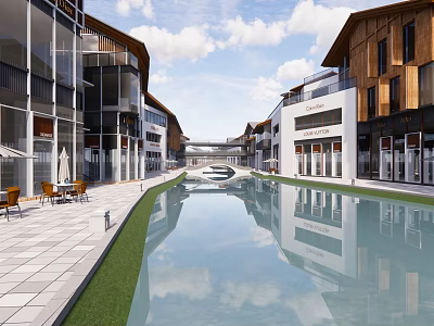 Modern Commercial Street With Water Canal Buildings Shops Outdoor Seating And Greenery Reflections 3d model