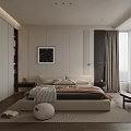 Modern Bedroom Interior With Bed White Wardrobes Floor Lamp And City View Window