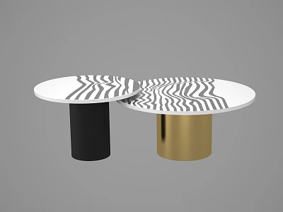 Coffee Table Set With Round Tabletop Black White Wavy Pattern And Black Gold Bases 3d model