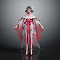 Fantasy Female Mythical Being in Traditional Pink White Costume with Red Ribbons and Ornaments