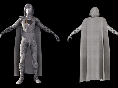 Gray Hooded Character With Cloak Moon Emblem And Wrapped Bodysuit Design 3d model