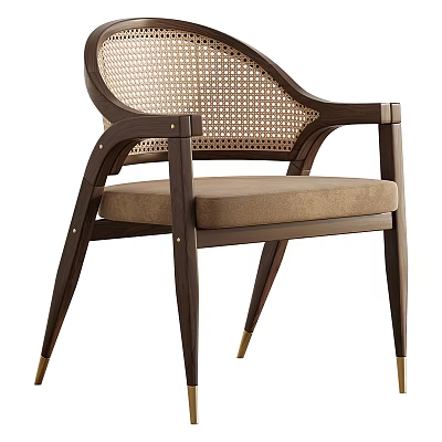 Modern Leisure Chair with Woven Backrest Dark Wooden Frame and Golden Metal Legs 3d model
