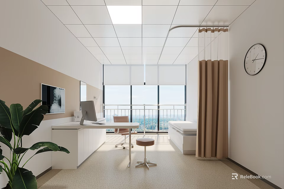 Clean Tidy Hospital Outpatient Clinic Interior With Computer Desk Chairs Windows Green Plants And Clock 3d model 