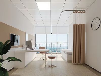 Clean Tidy Hospital Outpatient Clinic Interior With Computer Desk Chairs Windows Green Plants And Clock 3d model