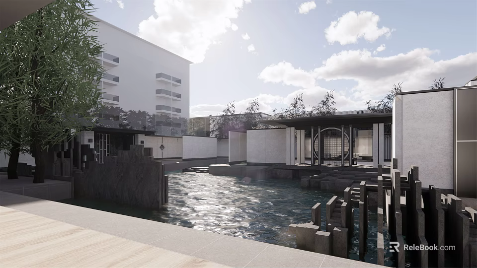 Traditional Modern Garden Landscape With Water Pond Stone Pathway Greenery And Modern Building 3d model 