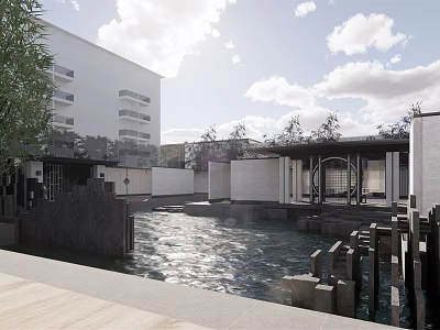 Traditional Modern Garden Landscape With Water Pond Stone Pathway Greenery And Modern Building 3d model