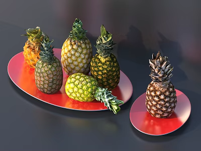 Red Ceramic Plates Displaying Fresh Colorful Pineapples In Stylish Decorative Setup 3d model