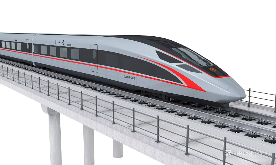 Modern Streamlined High Speed Train With Silver Gray Exterior And Red Stripe On Elevated Track 3d model 