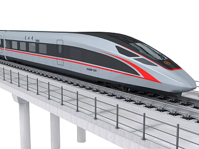 Modern Streamlined High Speed Train With Silver Gray Exterior And Red Stripe On Elevated Track 3d model