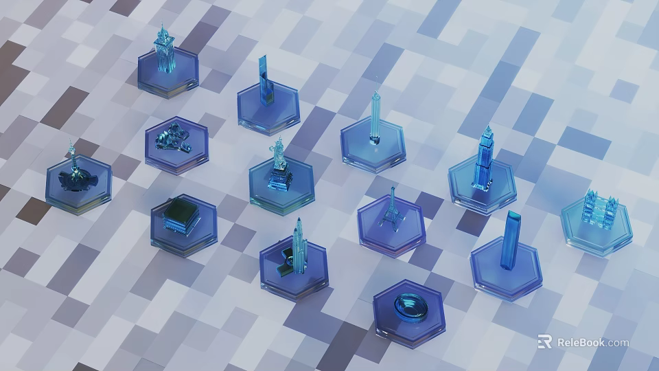 Blue Hexagonal Bases With Column Structures On Gray White Grid Surface 3d model