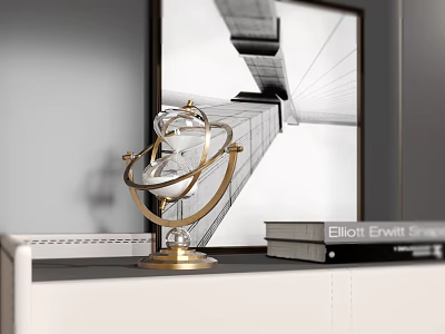 Elegant Gold Armillary Sphere Decor With Books And Black White Architectural Painting On White Shelf 3d model