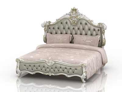 European Style Double Bed With Carved Upholstered Headboard Beige Silver And Pink Bedding 3d model