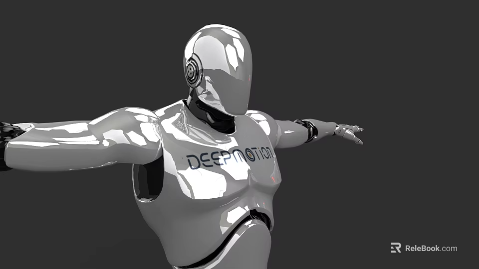 Man Shaped Silver Robot With Metallic Body DESIGNATION Text On Chest And Arms Outstretched 3d model 