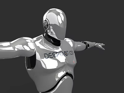 Man Shaped Silver Robot With Metallic Body DESIGNATION Text On Chest And Arms Outstretched 3d model