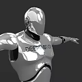 Man Shaped Silver Robot With Metallic Body DESIGNATION Text On Chest And Arms Outstretched