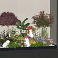Garden Ornamental Arrangement With Colorful Flower Shrubs Rabbit Statues And Green Plants