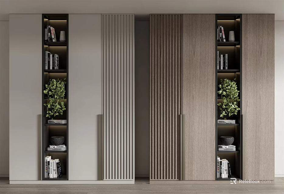 Modern Wooden Bookshelf Design With Open Shelves Green Plants And Layered Structure 3d model 