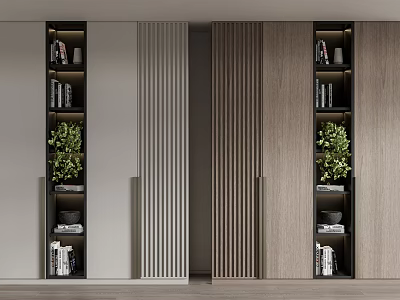 Modern Wooden Bookshelf Design With Open Shelves Green Plants And Layered Structure 3d model