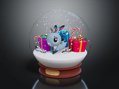 Christmas Snow Globe With Blue Reindeer Colorful Gift Boxes Candy Canes Snowflakes And Brown Base 3d model
