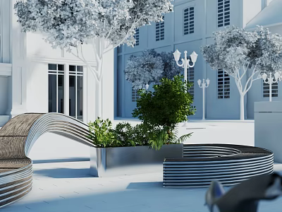 Modern Curved Outdoor Chairs With Green Plants And Building Setting 3d model