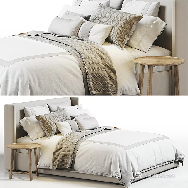 Neutral Modern Double Bed Interior With Multiple Pillows Soft Blanket And Wooden Side Table 3d model 