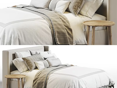 Neutral Modern Double Bed Interior With Multiple Pillows Soft Blanket And Wooden Side Table 3d model