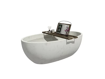 White Oval Bathtub with Wooden Tray Holding Candle Vase Flowers and Book 3d model