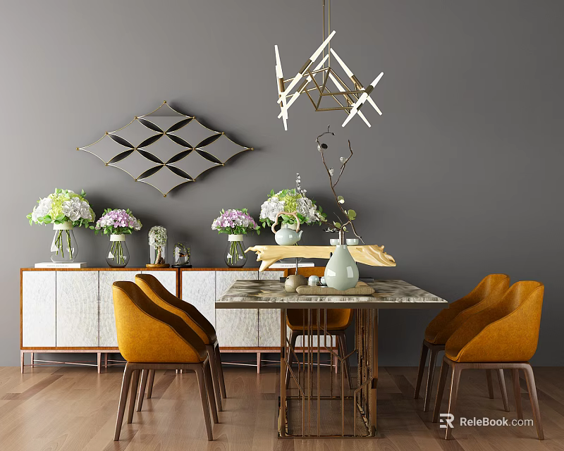 Dining Table Set with Marble Tabletop Metal Frame Orange Chairs Geometric Pendant Light Wall Decor 3d model